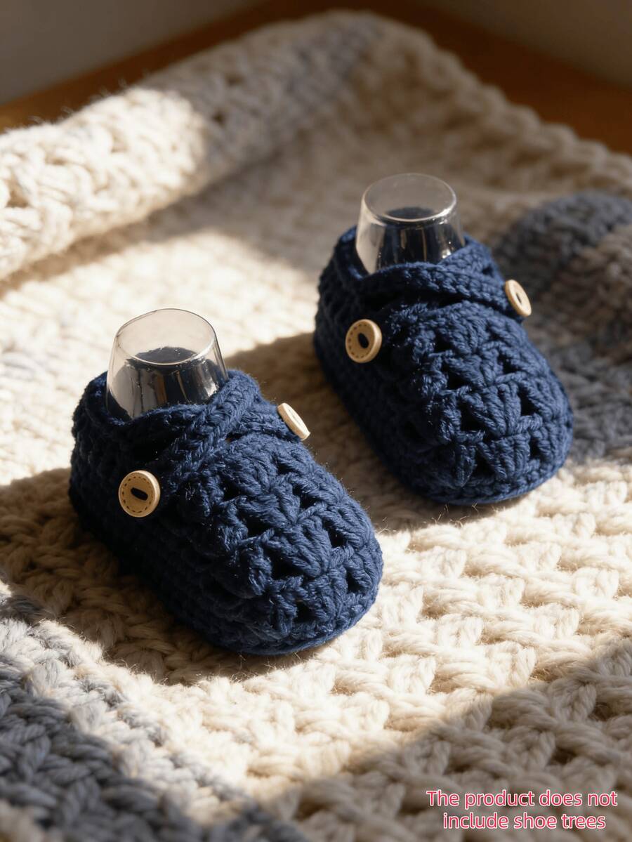 1 Pair Handmade Infant Booties, Crocheted Light Purple Shoes With Buckle Details, Suitable For Infant Sizes - Navy Blue - View 1