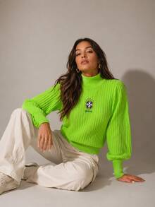 Women's Knitted Blouse With High Neck And Puff Sleeves, World Cup Brazil Themed. - Màu xanh chanh - Xem 5