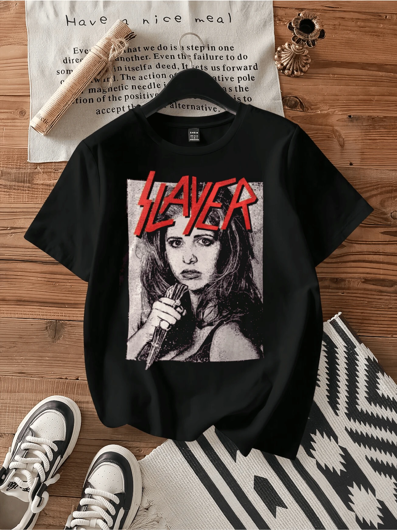 SLAYER Buffy The Vampire Slayer Womens Mens Unisex Softstyle T-Shirt.Vintage Graphic Print Casual Black Cotton Short Sleeve T-Shirt - 黑色 - 查看 1