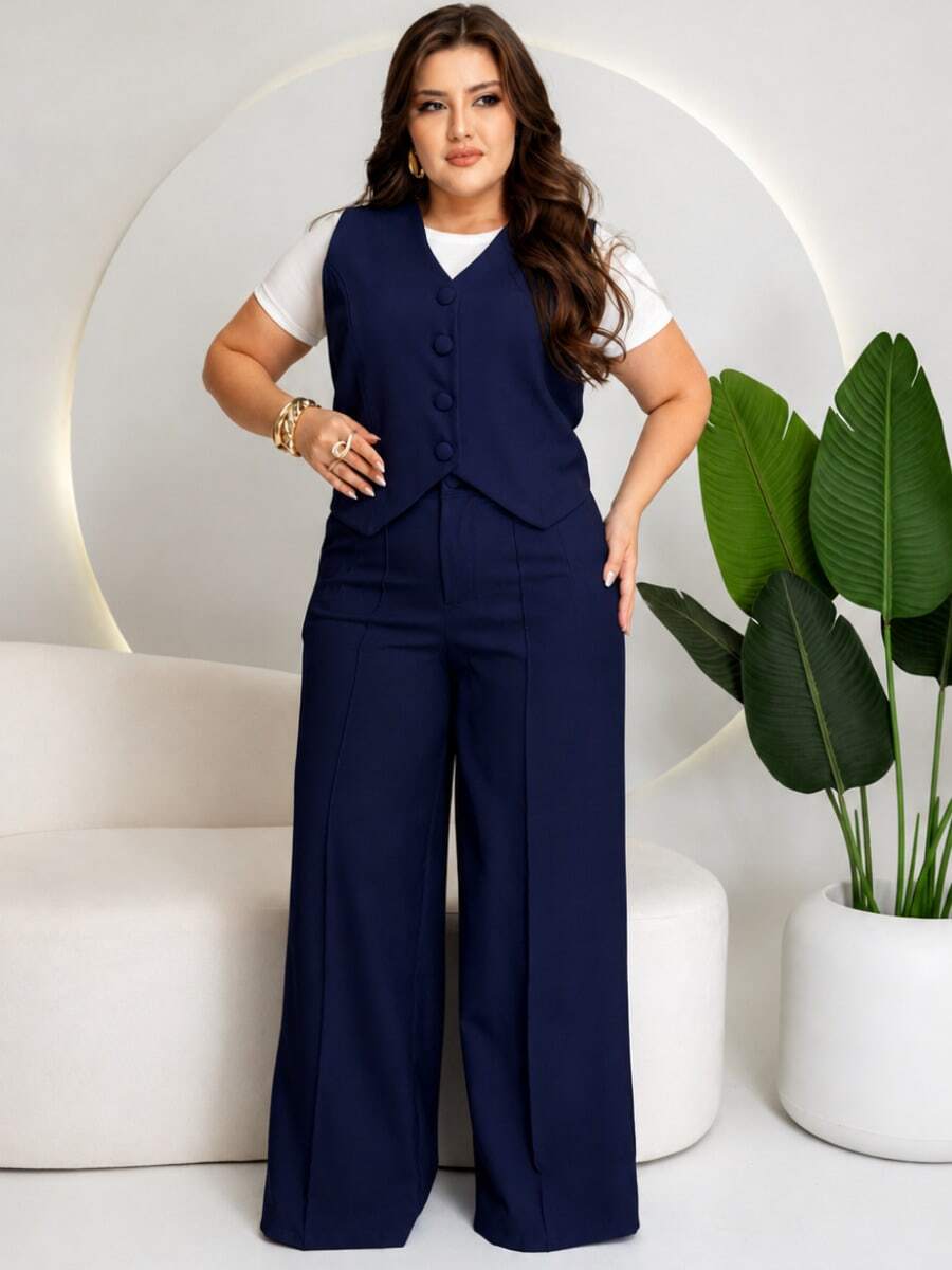Women's Plus Size Tailored Set: Vest And Wide-Leg Trousers, Business Attire, Workwear - Navy Blue - View 1