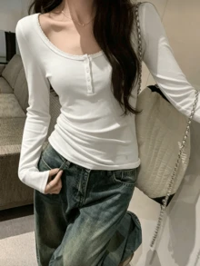 Áo thun dài tay cổ lửng viền bèo nhún, áo lót nữ cơ bản ôm sát, kiểu dáng thường ngày. - trắng - Xem 4
