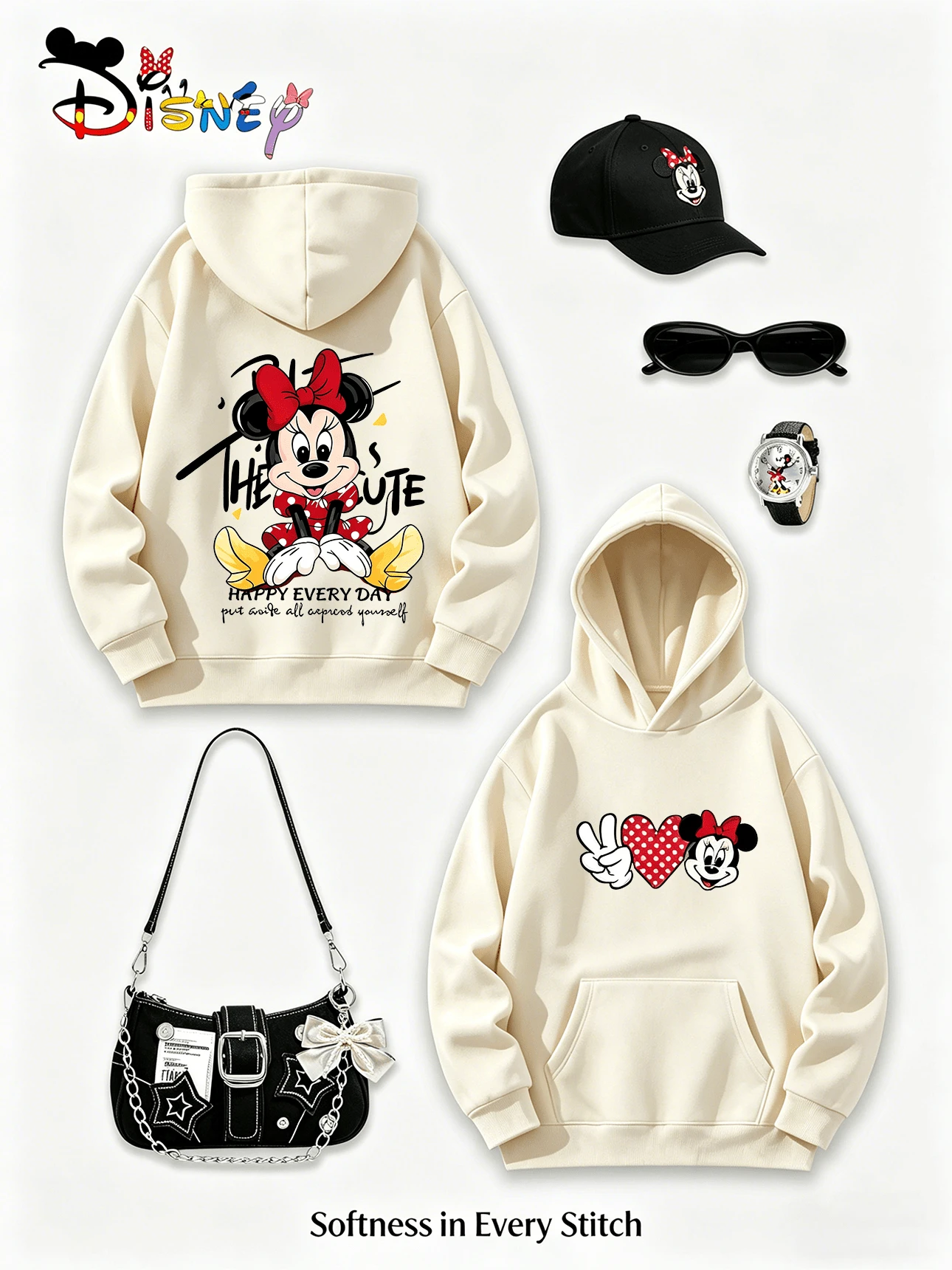Disney Minnie Mouse Y2K Print Sweatshirt "HAPPY EVERY DAY" - Fun Text Print Oversized Top, Casual And Versatile, Perfect For Holiday Gifts. (Women's Autumn/Winter Clothing/Elegant Women's Outfits/Patterned Hoodies/Printed Tops/Casual Outfits For Women/Women Trending Now/Holiday Co-Ord/Plus Size Friendly) - 杏色 - 查看 1
