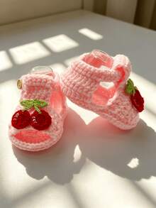 1 Pair Handmade Crochet Infant Sandals, White With Red Cherry Decor, Soft Knitted Booties - Baby Pink - View 5