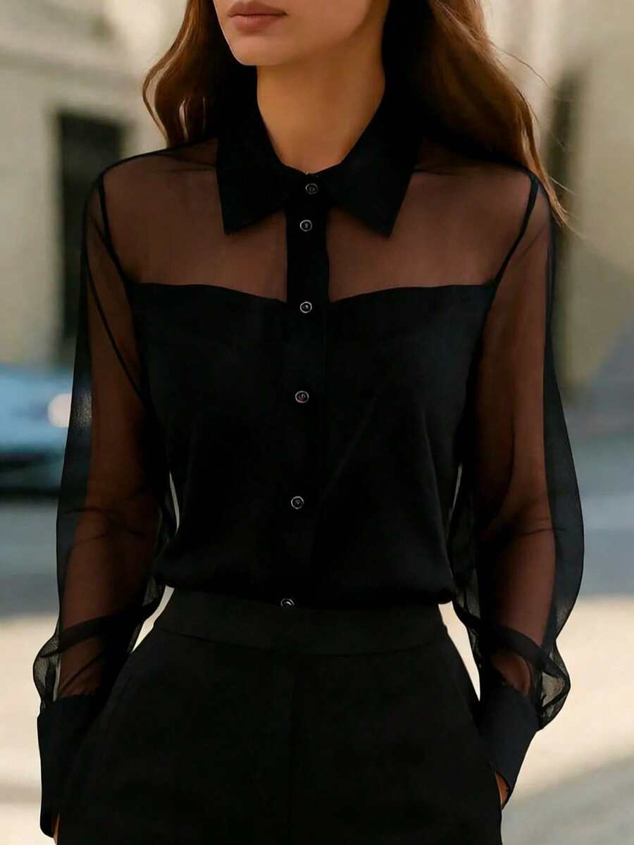 1pc Women's Elegant Mesh Patchwork Blouse, Suitable For Daily Outings, Commuting, Office Wear, And Airport Outfits Black Spring - Black - View 1
