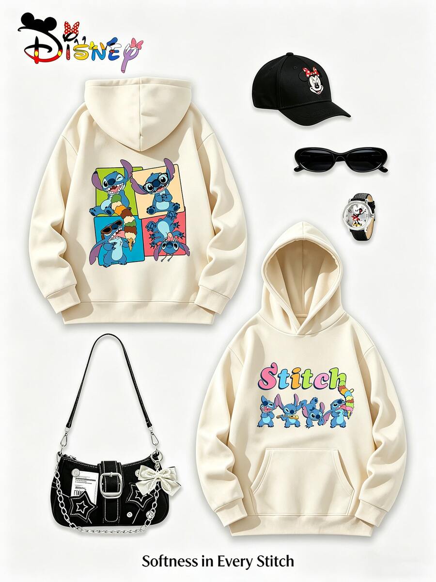 Disney Lilo & Stitch Y2K Print Sweatshirt "Stitch" - A Fun, Multi-Patterned, Loose-Fitting Top Perfect For A Casual, Versatile Look And A Great Holiday Gift. (Women's Autumn/Winter Clothing/Elegant Women's Outfits/Patterned Hoodies/Printed Tops/Casual Outfits For Women/Women Trending Now/Holiday Co-Ord/Plus Size Friendly) - Màu be - Xem 1