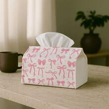 1pc Romantic & Cute Bow Repeat Pattern Tissue Box, Durable Decorative Storage Box For Kitchen, Living Room, Bedroom - Multifunctional Holiday Home Decor, Compact Rectangular Shape Suitable For Desk Or Shelf Display - Multicolor - View 4