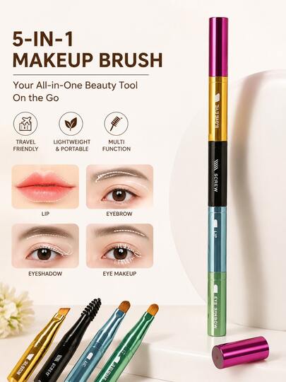 Bộ cọ trang điểm 5 trong 1 cầm tay, thiết kế nhẹ và có thể tháo rời, dụng cụ làm đẹp đa năng dùng cho phấn mắt, kẻ lông mày, môi và kẻ mắt, lý tưởng để trang điểm khi di chuyển.