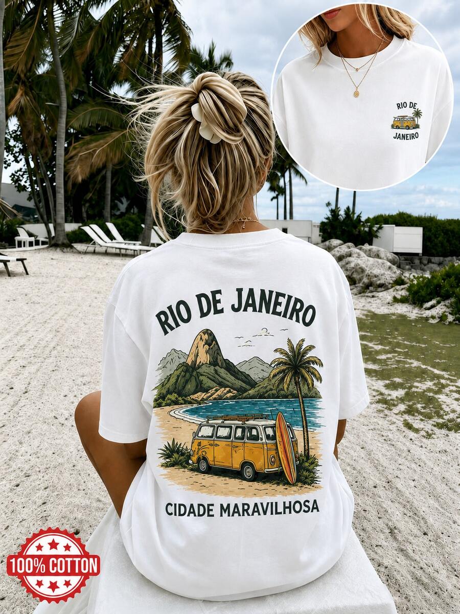 Playera Oversize Para Mujer Con Estampado Rio De Janeiro, Camiseta Casual De Manga Corta Con Diseño Tropical De Playa Y Van - Blanco - Ver 1