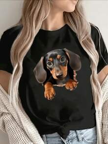 Camiseta única 3D de cachorro de dachshund para mujer - Camiseta negra llamativara mujer - Camiseta gráfica casual de manga corta y corte ustado con diseño realista de dachshund que muestraas de cachorro juguetonas asomando - Negro - Ver 2