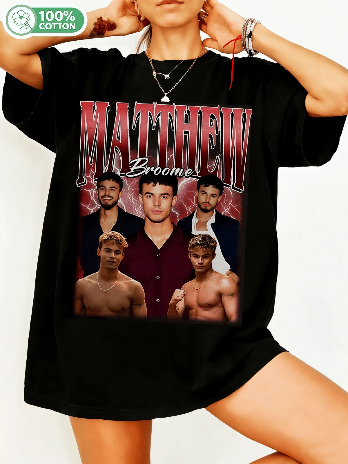 Mattheww Broomeee Retro Bootleg Style Cotton T-Shirt, Sports Graphic T-Shirt, Red Lightning Aesthetic, Casual Crew Neck, Unisex Streetwear, Fan-Inspired Merchandise. - Black - View 1
