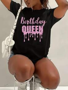 Camiseta Rosa con Purpurina "Birthday Queen" para Mujer - Top Hoado de Cuello Redondo y Manga Corta con Efecto de Goteo y Diseño de Apagar Velas, Adecu para Fiestas, Uso Casual, Atuendos Festivos, Lavable a Máquina, Suave y Cómoda, Ropa de Fiestara Todo el Año - Negro - Ver 2