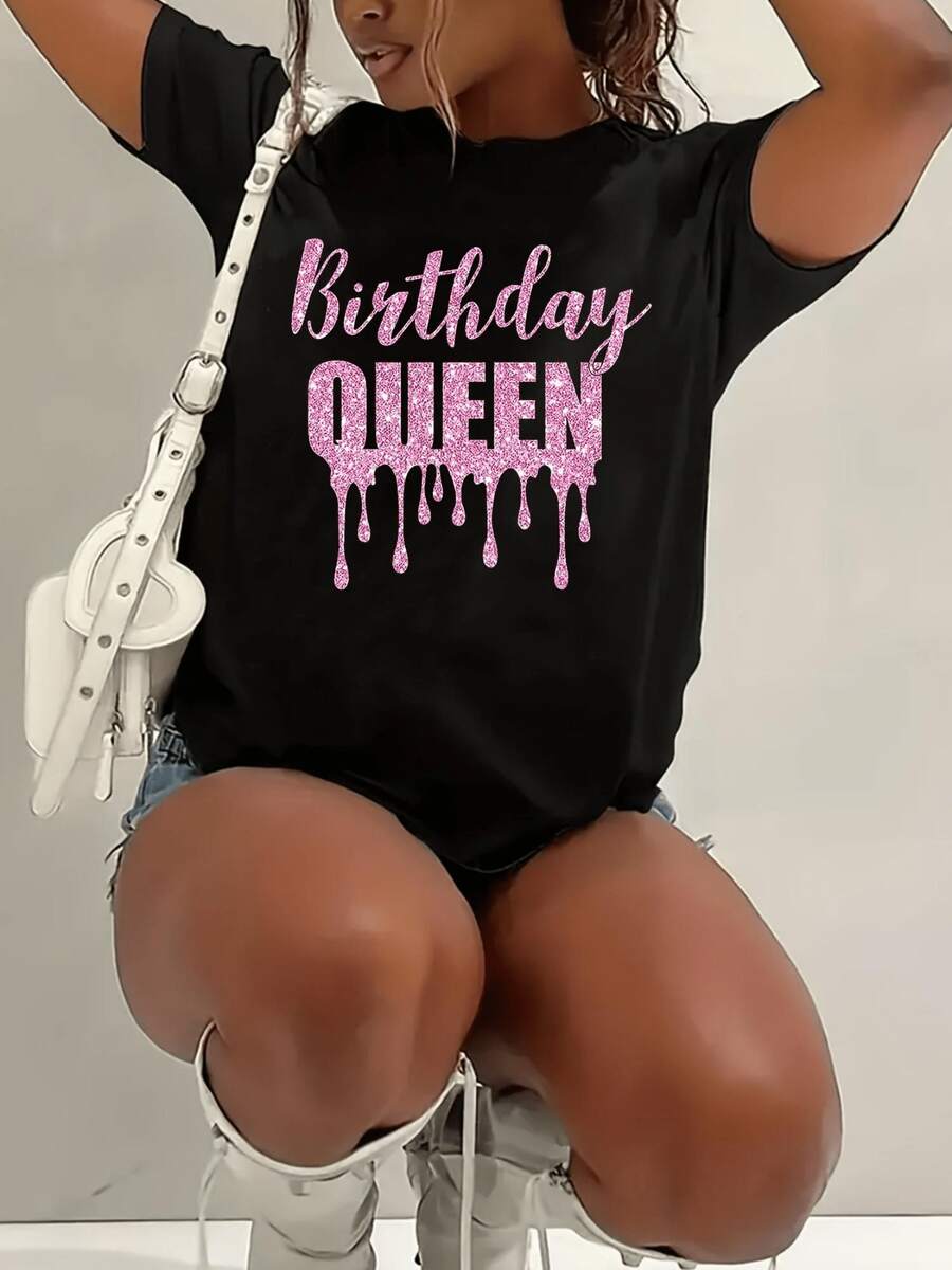 Camiseta Rosa con Purpurina "Birthday Queen" para Mujer - Top Hoado de Cuello Redondo y Manga Corta con Efecto de Goteo y Diseño de Apagar Velas, Adecu para Fiestas, Uso Casual, Atuendos Festivos, Lavable a Máquina, Suave y Cómoda, Ropa de Fiestara Todo el Año