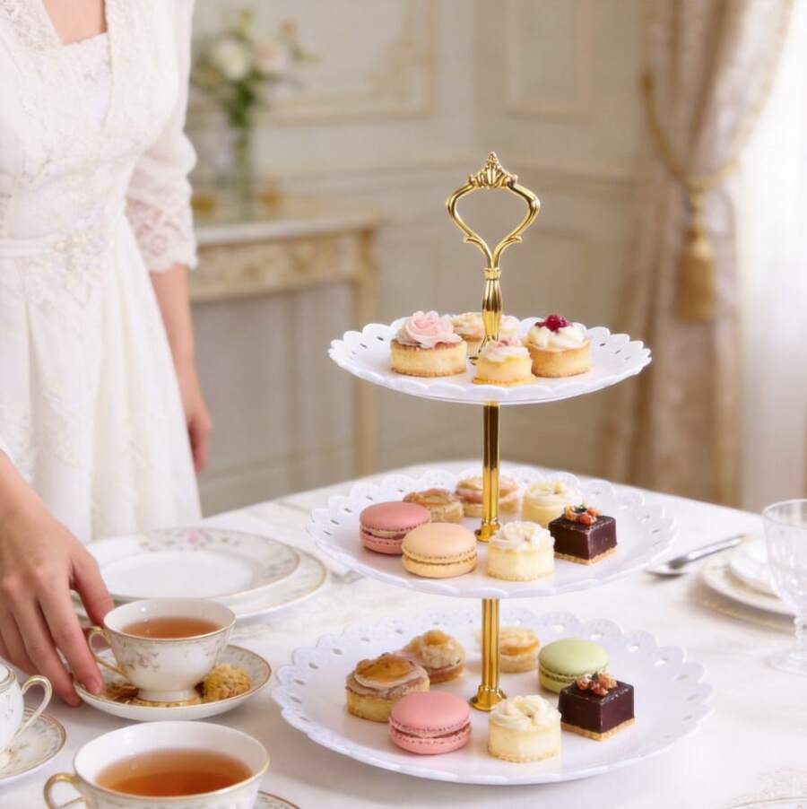 1 Pc Cake Stand, Plastic Dessert Table Display Set, Three-Tier Shelf, Two-Tier Shelf And Dessert Tray Set. Suitable For Birthdays, Parties, Tea Parties. Black/White - Giá đỡ bánh ba tầng hình tròn viền ren trắng - Xem 1