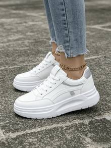 Women's Four Seasons Leather Stitched White Shoes Slip-On Lace-Free Lazy Shoes Comfortable Platform Board Shoes Women's Sneakers Sandalias De Mujer - 灰色 - 查看 6