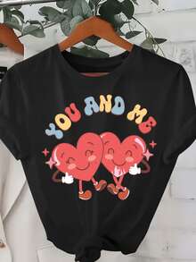 Camiseta con estampado de corazones "Cute You And Me" - Top casual de manga corta y cuello redondo con corazones sonrientes y detas de estrellas, adecu parrimavera y verano - Camiseta elástica y cómoda (10 colores), atuendo casual, camiseta simple de color liso (uste hoado, consulte la - Negro - Ver 2