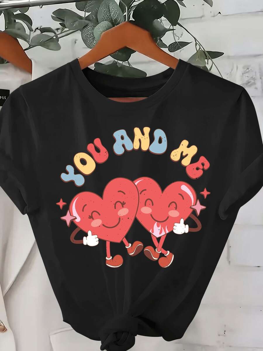 Camiseta con estampado de corazones "Cute You And Me" - Top casual de manga corta y cuello redondo con corazones sonrientes y detas de estrellas, adecu parrimavera y verano - Camiseta elástica y cómoda (10 colores), atuendo casual, camiseta simple de color liso (uste hoado, consulte la