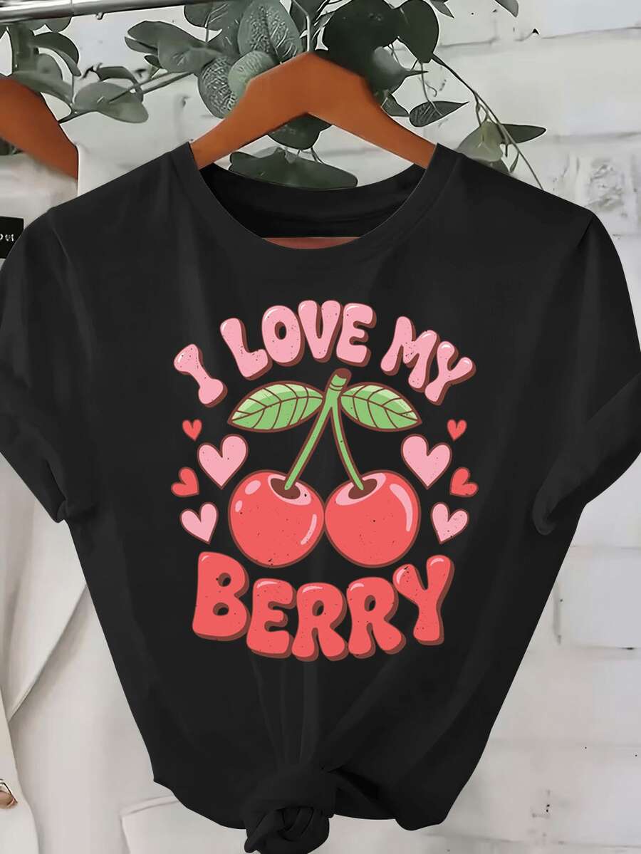 Camiseta del día de San Valentín I LOVE MY BERRY & Estampado de corazón - Top casual de manga corta con cuello redondo con cerezas rojas jugosas y detas de corazón rosa, 95% 5%, 10 colores (Rojo Rosa Marino Más