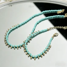 2pcs/Set Bohemian Style Minimalist Water Drop Pendant Beaded Necklace & Bracelet Set, Suitable For Daily Wear, Party, Beach, Summer Jewelry Gift For Women - Green - View 3
