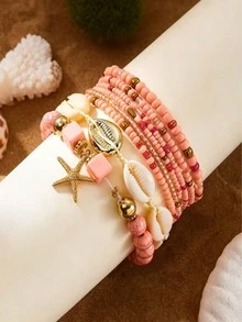 七件套奢华高端波西米亚风海滩贝壳海星手链套装，女士多层串珠可叠戴贝壳吊坠，海滨热带度假夏季饰品 - 銀色 - 查看 8