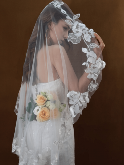 1pc Floral Print Bohemian Polyester (Polyester) Bride Lace Applique Wedding Veil, Fingertip Veil, Romantic Elegant Wedding Accessory, Multiple Colors, Wholesale Price