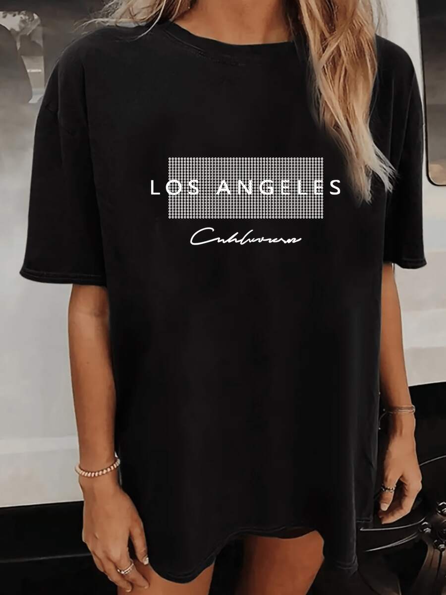 Camiseta de Mujer Extra Grande Estilo Los Ángeles - Hecha de Tela Casual con Cuello Redondo, Diseño Cómodo para Todas las Estaciones con Corte Hoado Minimalista. El Material Transpirable y Ligero es Suave al Tacto (Por Favor Consulte el Tabla de Tallas F)