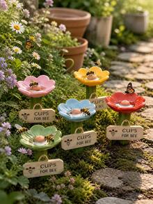 1/5pcs Multicolor Flower Shaped Bee Feeder, Outdoor Hanging Watering Station, Beekeeping Feeding Tray, Garden Decor, Reusable Bee, Butterfly & Hummingbird Waterer, Decorative Ornament, Garden Decor, Gardening Landscape, Gardening, Gardening Ornament - Multiple Styles - View 1