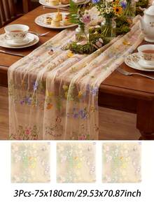 1/3pcs Champagne Floral Table Runner, 10ft Embroidered Tulle Spring Wildflower Table Runner, Room Decor, Seasonal Summer Butterfly Kitchen Dining Room Gauze Decoration For Wedding Decor, Baby Shower, Birthday Decoration - Pansy - View 13