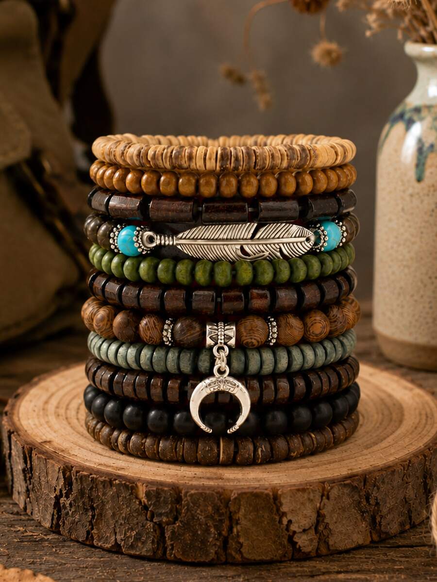 Set de 11 piezas de pulseras con cuentas de madera y cáscara de coco de estilo bohemio, adecuado para el uso diario de los hombres - Multicolor - Ver 1