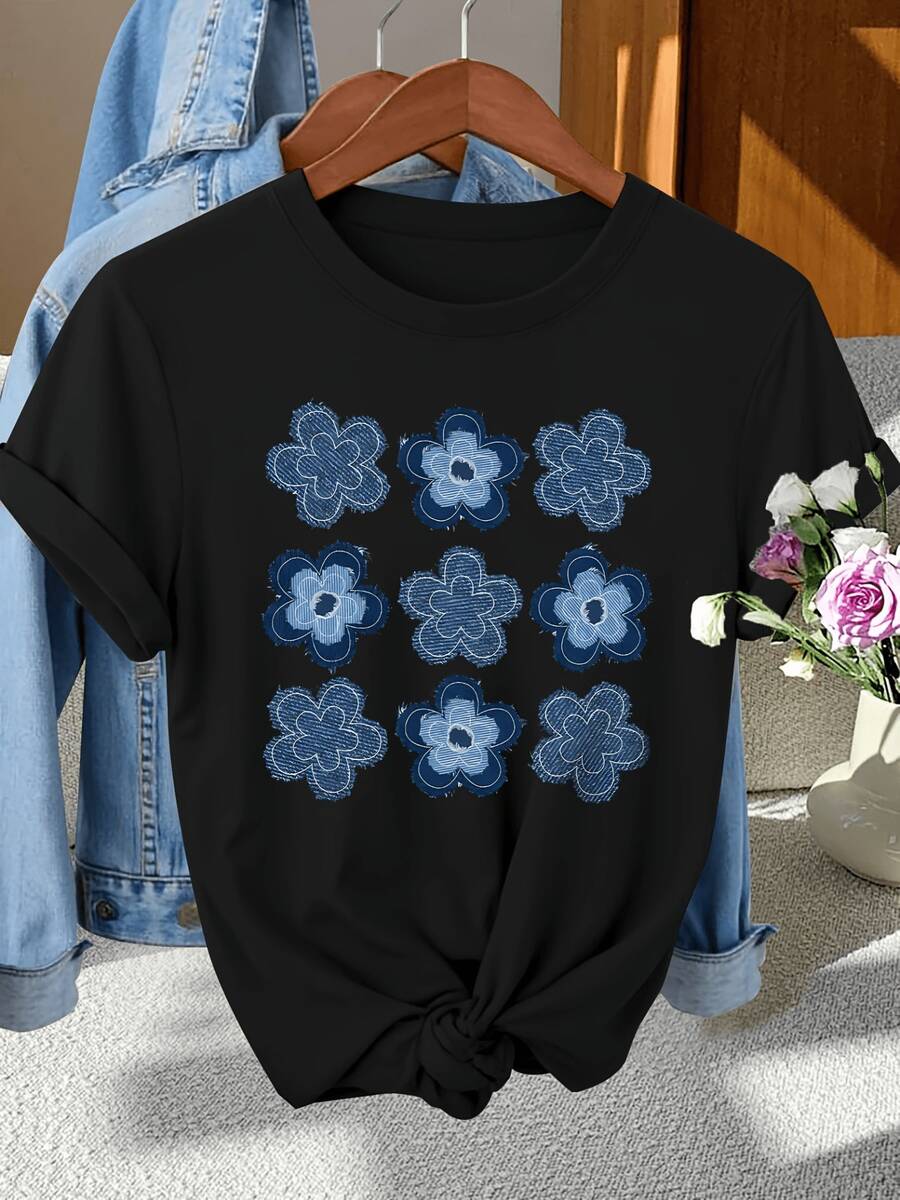 Camiseta floraintage, top no transparente con patrón floral azul marino, camiseta elásticara conjuntos casuales - primavera, otoño, verano, uso diario, estilo retro, material transpirable, entall
