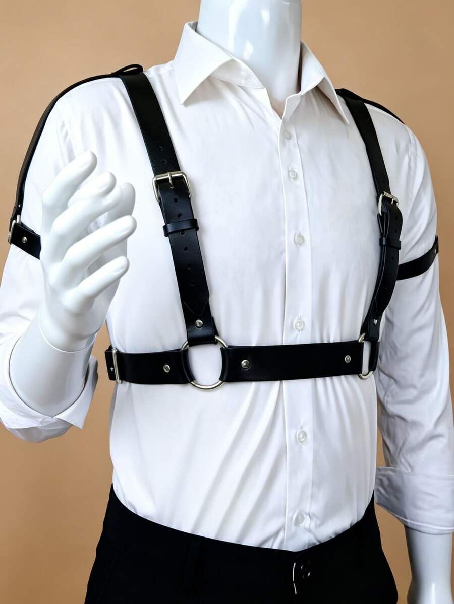 新款男士肩掛式腰帶,個性化皮革胸帶,休閒多功能服飾腰帶,適合日常穿著、情人節、音樂節、萬聖節及其他節日場合 - 黑色 - 查看 1