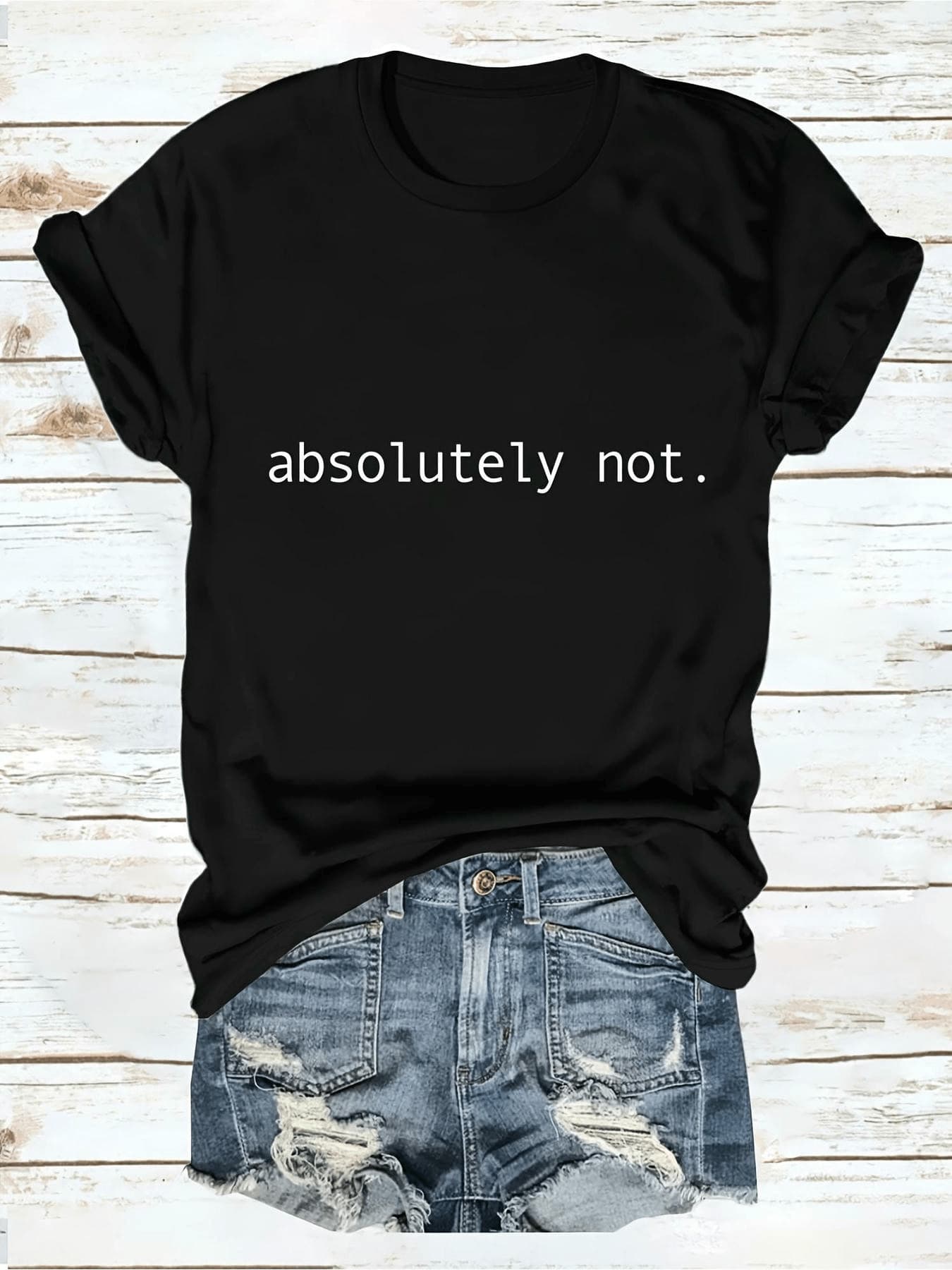Camiseta negra de cuello redondo para mujer - Manga corta, uste entallado, camiseta gráfica casual con mangas enrolls - Presenta el texto audaz 'Absolutely Not' en blanco, perfectara salidas casuales y atuendo casual, camiseta casual de color liso simple (uste hoado, consulte la tabla de