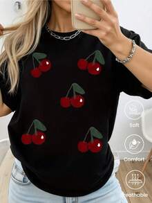 Bright Red Cherries Symbolize Energy, Joy, And Natural Sweetness, Highlighting A Jovial And Fresh Spirit, Ideal For Sunny Days And Casual Moments. Soft, Comfortable, And Breathable Women's T-Shirt - 黑色 - 查看 8
