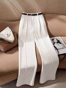 Pantalones anchos de cintura alta y color blanco, de peso ligero, con detalles plisados, esenciales para el transporte y el uso diario (incluye cinturón) - Blanco - Ver 6