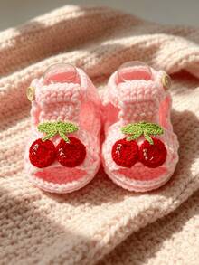 1 Pair Handmade Crochet Infant Sandals, White With Red Cherry Decor, Soft Knitted Booties - Baby Pink - View 3