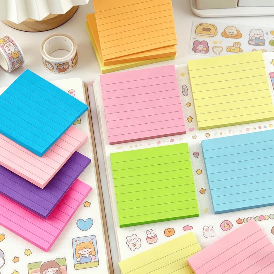 1/2/4/6/8/10 Sets Colorful Fluorescent & Pastel Sticky Notes, Multi-Color Self-Adhesive Memo Pads, Bright Line Reminder Notes, Cute Stationery Suitable For Students, Journals, School & Office. Back To School Season. - one-size - View 1
