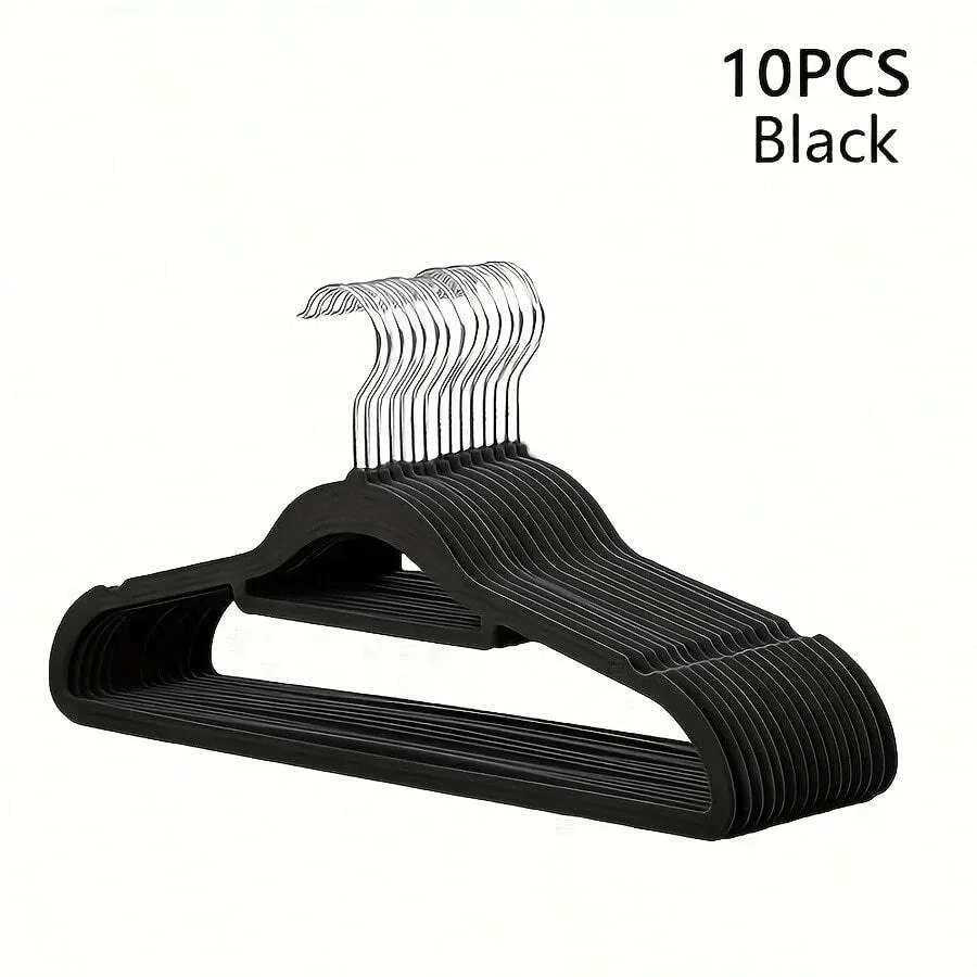 Bộ 10 móc treo quần áo phủ nhung, chống trượt, không đường may, chống va đập vai, móc treo sắp xếp đồ đạc, giá phơi quần áo. - màu đen - Xem 1