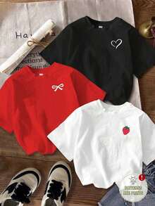 Single Garment Set, Not A 3-Piece Set. 1 Piece/Set Of Short-Sleeved T-Shirts Suitable For Streetwear. Oversized Crew Neck Top For Daily Outings, Camping, Concerts, Hip-Hop, Rock, And Rap Events For Women. It Consists Of A Short-Sleeved Crew Neck T-Shirt With A Simple And Casual Design Of Hearts, Bows, And Strawberries. The Women's Short-Sleeved Crew Neck T-Shirt Is Made Of 100% Cotton And Contains 220 Grams Of Cotton, Providing A Soft And Comfortable Feel, Suitable For Spring, Summer, Autumn, And Winter. Widely Used For Fitness Exercises, Daily Wear, Vacations, School, Office, Meetings, And Other Suitable Occasions. T-Shirts For Women And Men, Summer T-Shirts. Black, White, Beige - 白色 - 查看 1