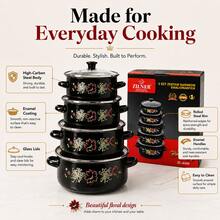 5pcs Vintage Floral Enamel Cookware Set, 16-24cm Graduated Sizes, Steel Rim Durable Pots With Glass Lids, Large Capacity - View 4