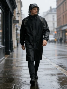 1件裝戶外騎行配色長版雨衣，男款輕量一體式連帽長版雨衣附收納袋，適用於戶外露營、雨天騎行、釣魚、健行、登山 - 彩色 - 查看 9