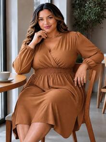 Women's Plus Size Dress With Wrap Neckline, Long Sleeves, Side Slit, Loose Fit, For Parties - 駝色 - 查看 5