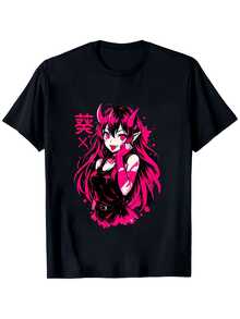 Camiseta con estética de terror siniestro que muestra a una linda chica gótica de anime de manga - Negro - Ver 7
