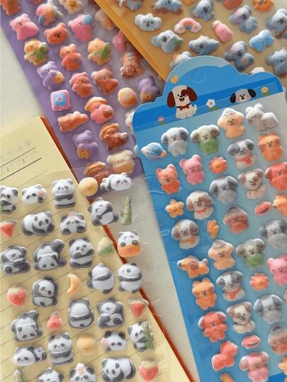 Adesivos de Animais Flocados 3D, Pêlo Flocado, Adesivos de Gota de Água Fofos, Adesivos de Panda, Filhote de Cachorro e Coala de Pelo Falso, Adequados para Capas de Telefone DIY, Decoração de Papelaria Estudantil, Scrapbooking e Materiais de Artesanato Infantil