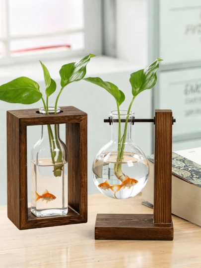 1个木框玻璃水培花瓶，简约桌面植物容器，玻璃花瓶装饰，家居/办公室/客厅装饰，透明