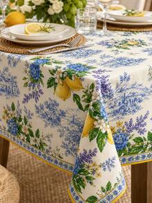 1pc Mediterranean Blue & White Lemon Lavender Floral Print Tablecloth, Fresh Pastoral Tile Style Dining Table Decor, Suitable For Kitchen, Dining Room, Patio Lunch, Kitchen Essentials, Home Decor - Baby Blue - View 10