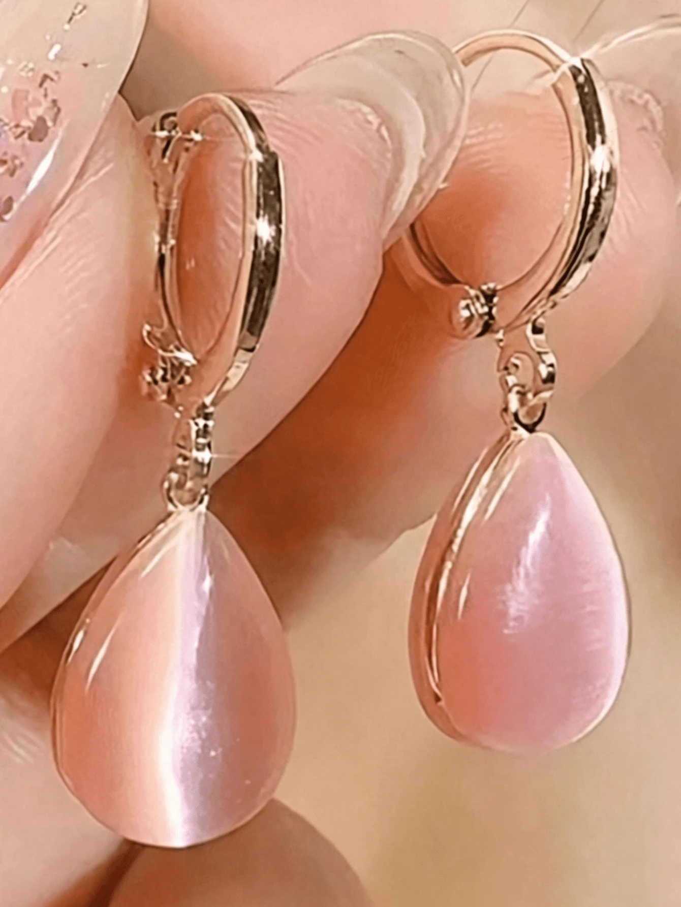 Bông tai dáng giọt nước mắt màu hồng tối giản sang trọng, mạ vàng, trang sức cao cấp thanh lịch, quà tặng ngày lễ cho phụ nữ. - Hồng - Xem 1