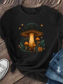 Camisa de manga corta para mujer con estampado de hongos verdes, diseño moderno, camiseta de cuello redondo estampada, top casual talla S, camiseta casual de manga larga, camisa de manga corta transpirable con diseño elegante. - Negro - Ver 7