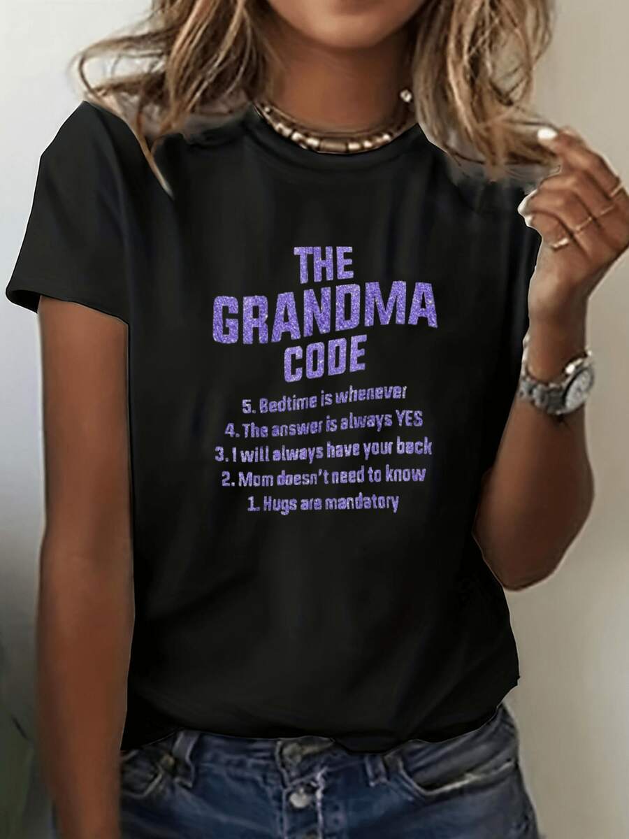 Camiseta drtida con código de la abuelara mujer - Camiseta negra con texto morado que muestra reglas hilarantes de la abuelidad, excelente regalo para abuelas, perfectara salidas casuales o relarse en casa Cele