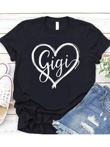 Camiseta de modara mujer Gigi con estampado de nombre en forma de corazón, hecha de material puro, perfectarrimavera, verano y otoño, esencial para vacaciones de ocio, ho y cómoda, camiseta de modara mujer - Negro - Ver 2