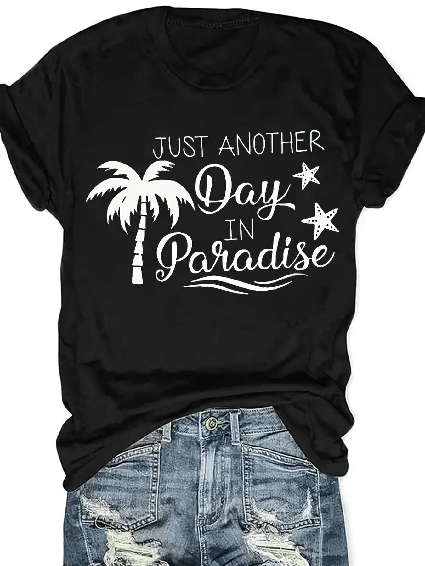 Men's Casual Graphic T-Shirt - Women's Black Crew Neck T-Shirt - Short Sleeve Fitted Casual Graphic T-Shirt With White Palm Tree Design And 'JUST ANOTHER Day IN Paradise' Text In Elegant Font - 黑色 - 查看 1