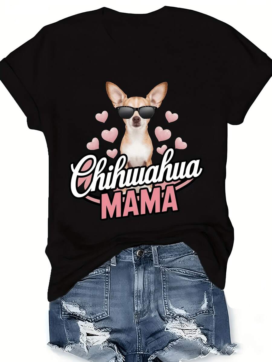 Camiseta de mujer Chihuahua MAMA - Camiseta minimalista de manga corta y uste hoado con estampado de chihuahua y MAMA, tela transpirable y ligera, atuendo casual apto para todas las estaciones, prenda superior suave lavable a máquina